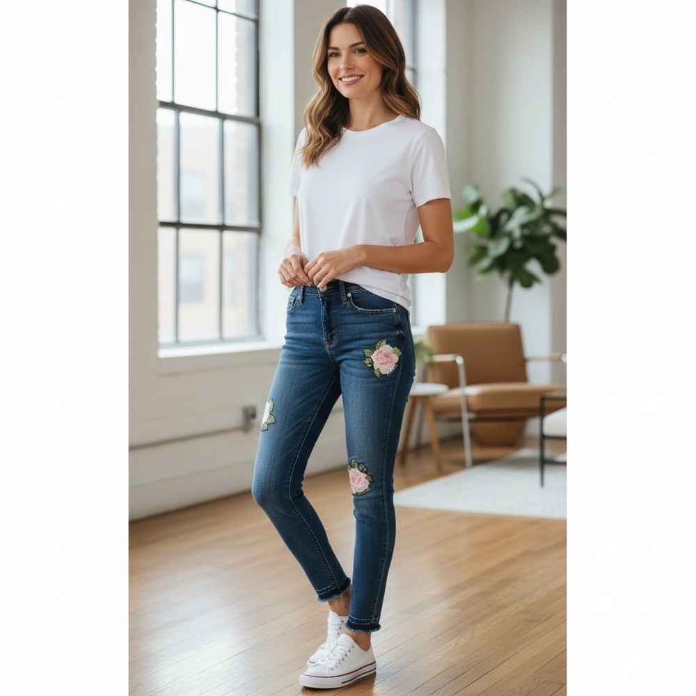 Hudson Skinny Rose Patch Frayed Hem Girly Preppy Barbiecore Boho Size 30